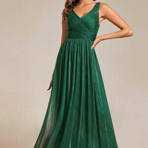 Glittery Sleeveless Pleated Empire Waist A-Line Formal Evening Dress